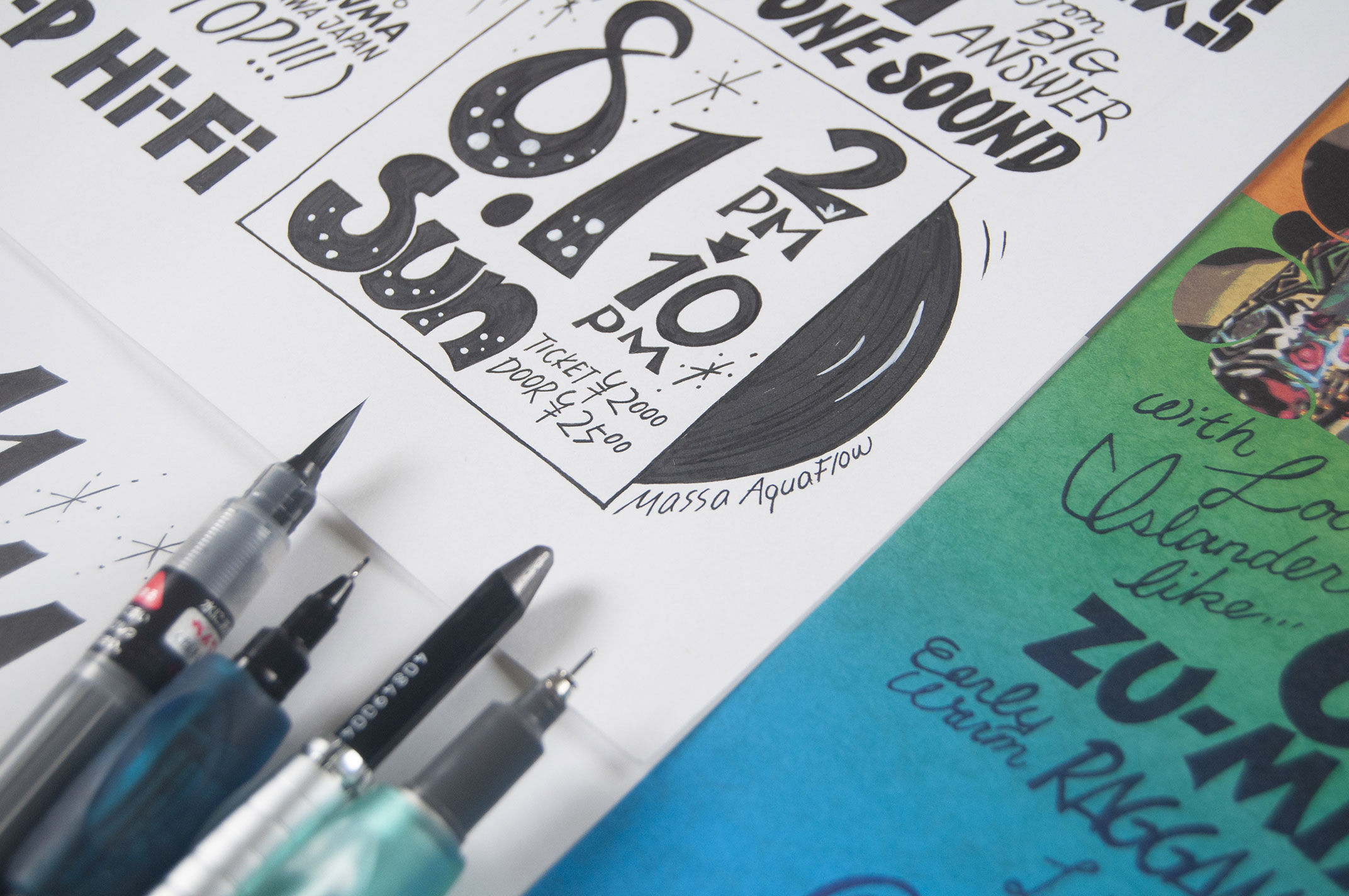 Close up of handdrawn typography draft, date part of the poster.