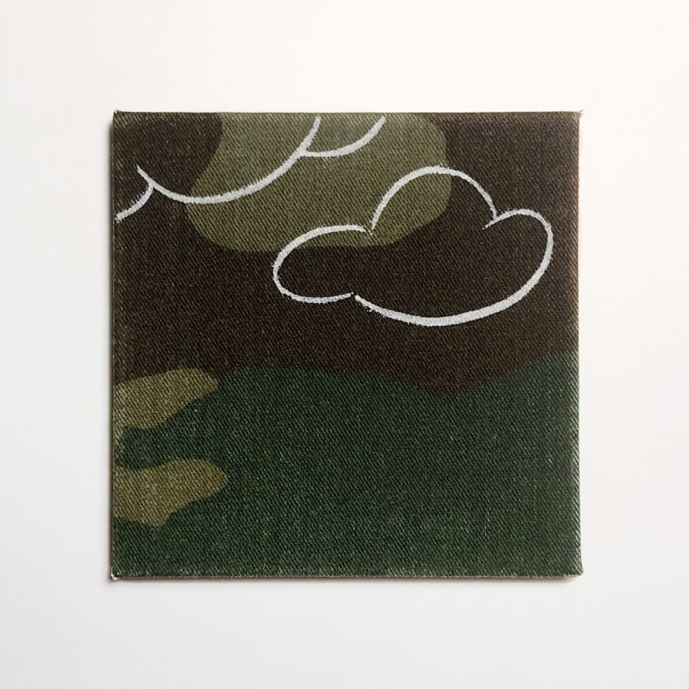 Camouflage and Cloud. Camouflage pattern looks like a green hill and brown sky, warm atmosphere. White outlined clouds flow in the sky.