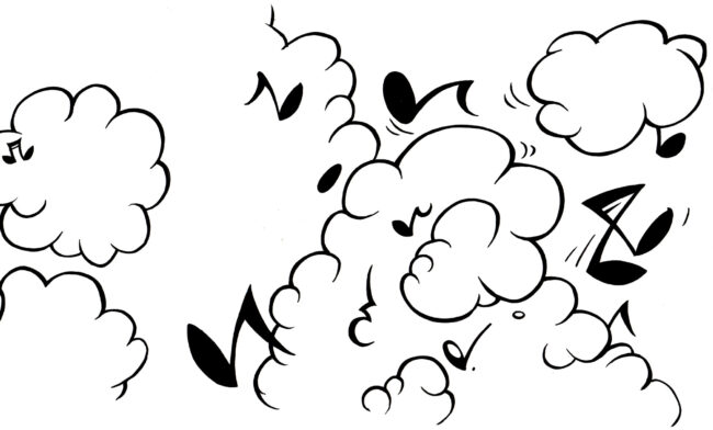 Music notes flowing among fluffy clouds